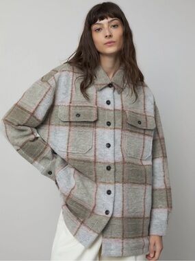 Closed Plaid Utility Shacket Jacket - Taupe & Pink